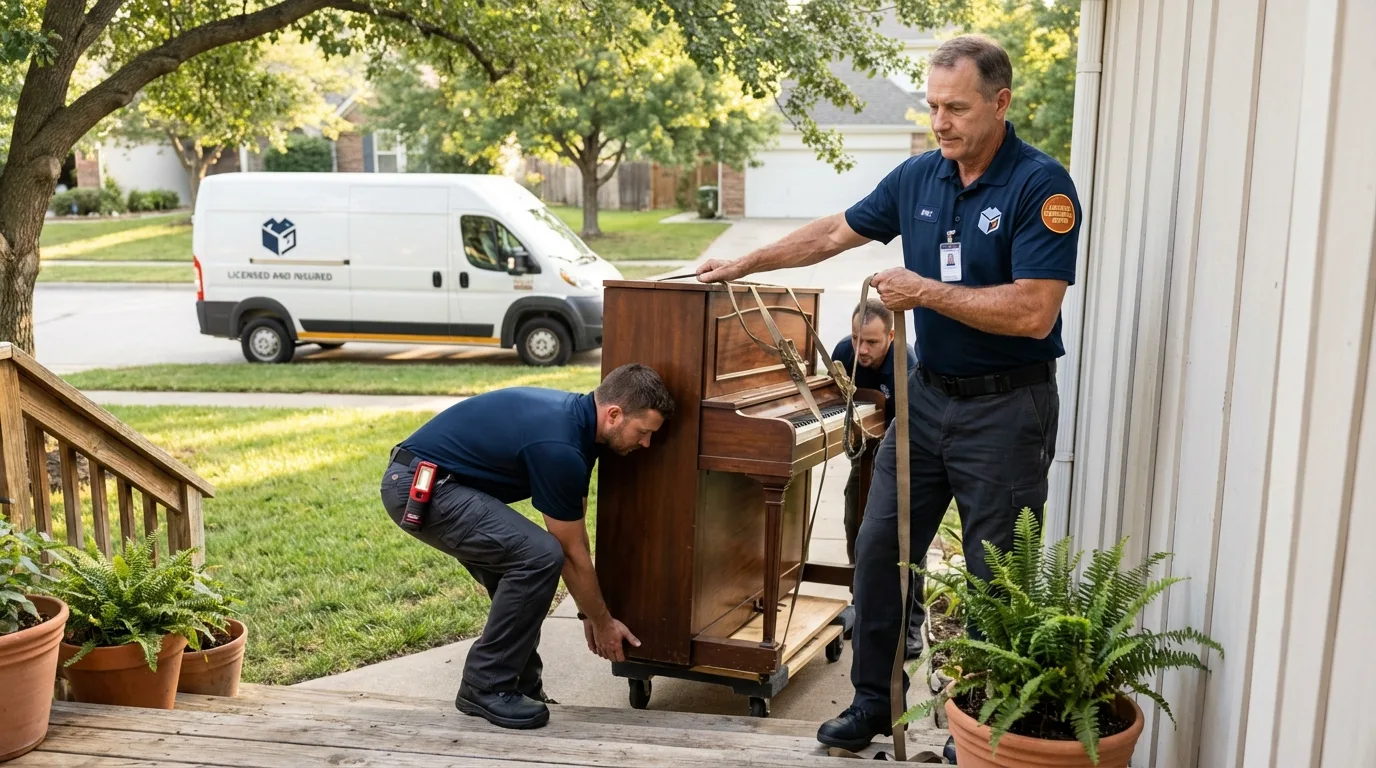 Licensed piano movers securing grand piano in Spearfish, SD