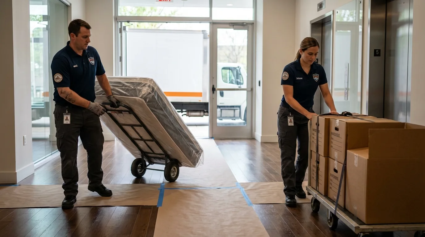 Professional apartment movers loading elevator in Spearfish, SD