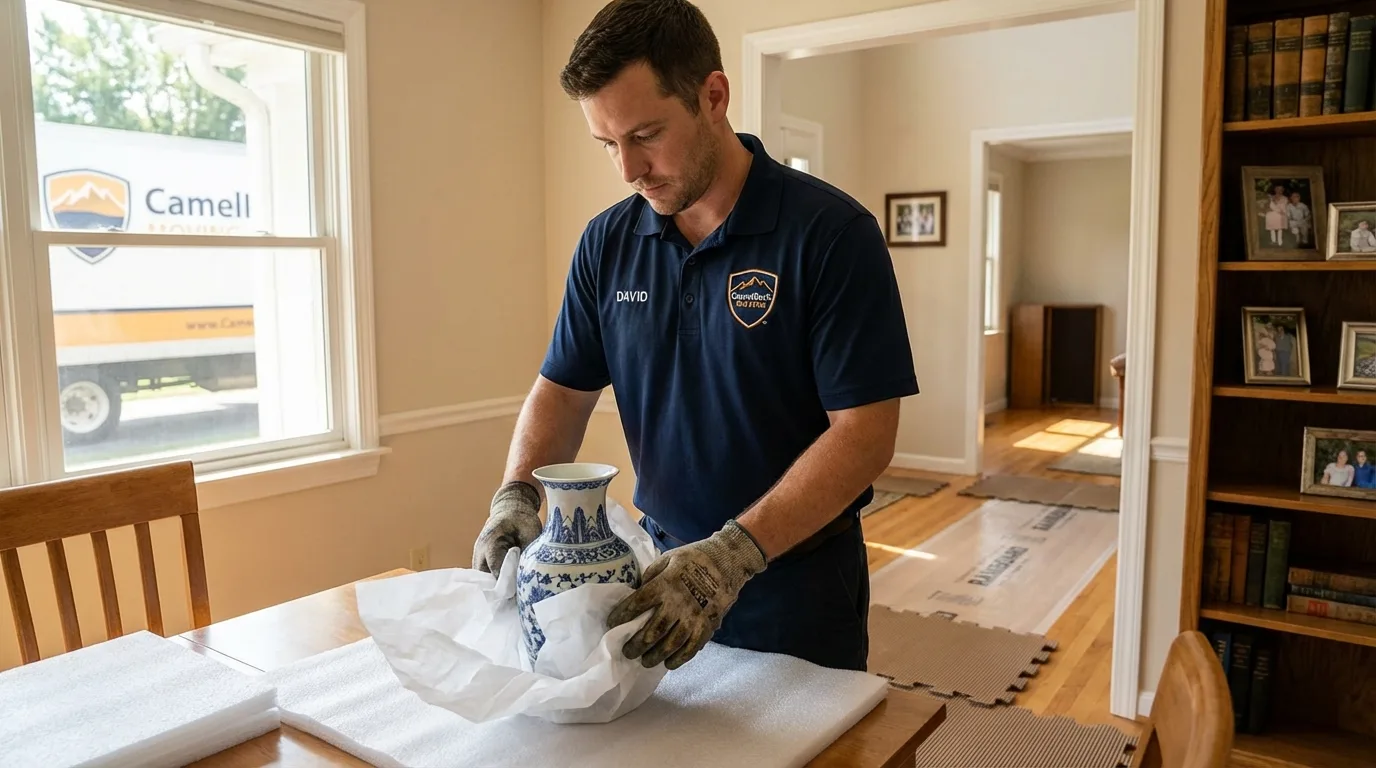 Professional crew carefully wrapping antique vase for senior downsizing move in Spearfish, SD